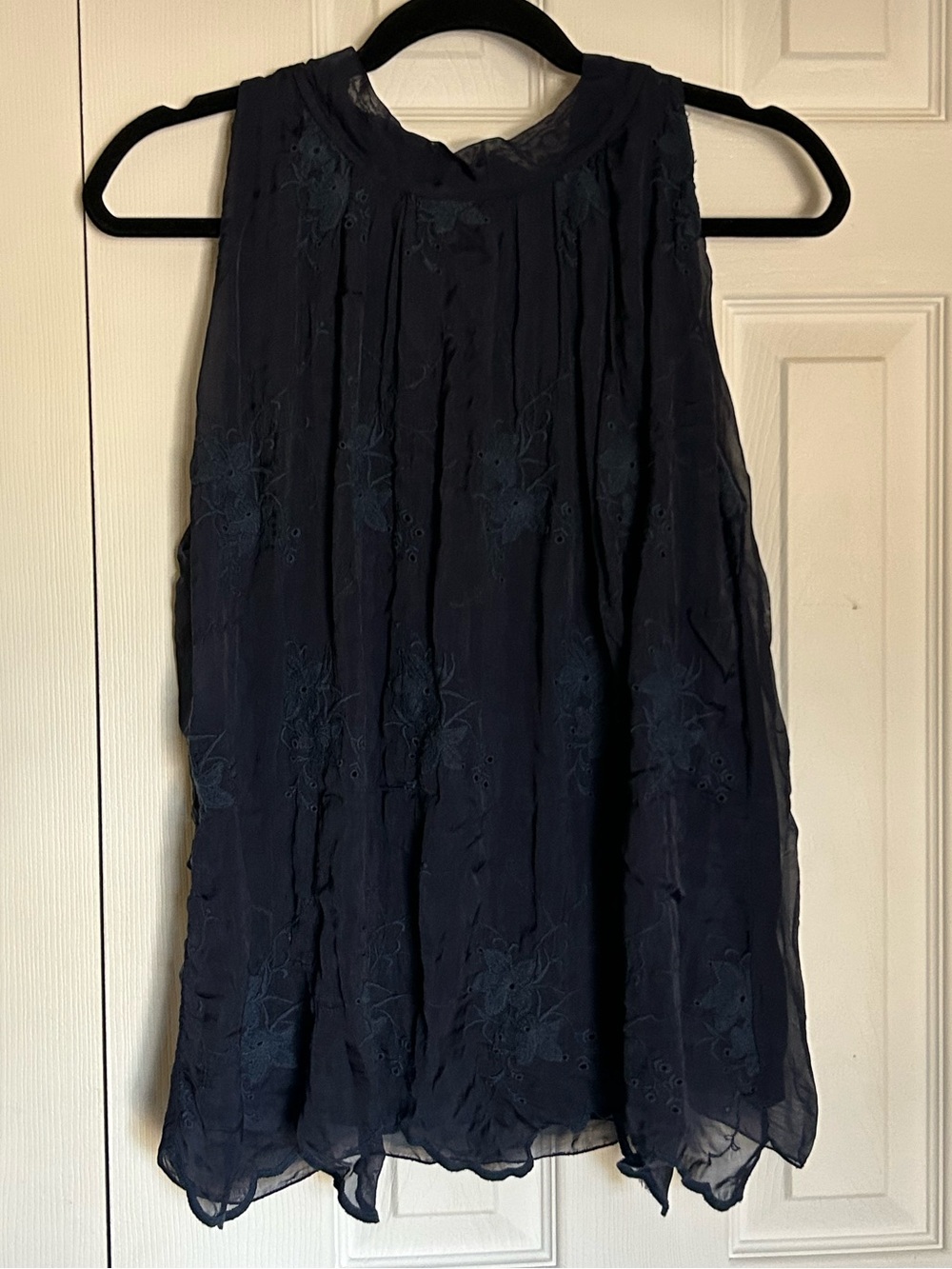 Navy Floral Embroidered sleeveless blouse with tie in back, fully lined - Large
